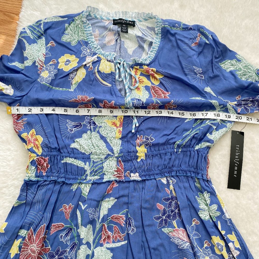 Tribal Femme Casual Dress, Boho, 3/4 Sleeve, Floral Print, Blue, Petite Small - Picture 3 of 8